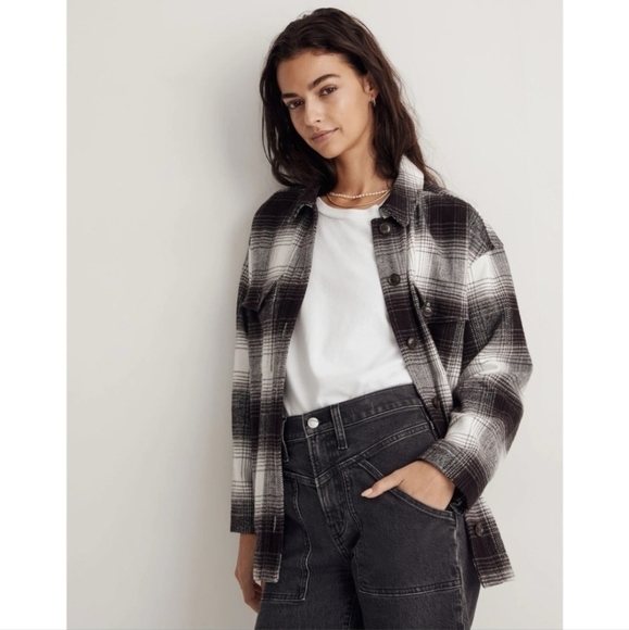 Madewell Twill Flannel Shirt Jacket Windowpane Plaid Black White Medium Shacket - Picture 8 of 10